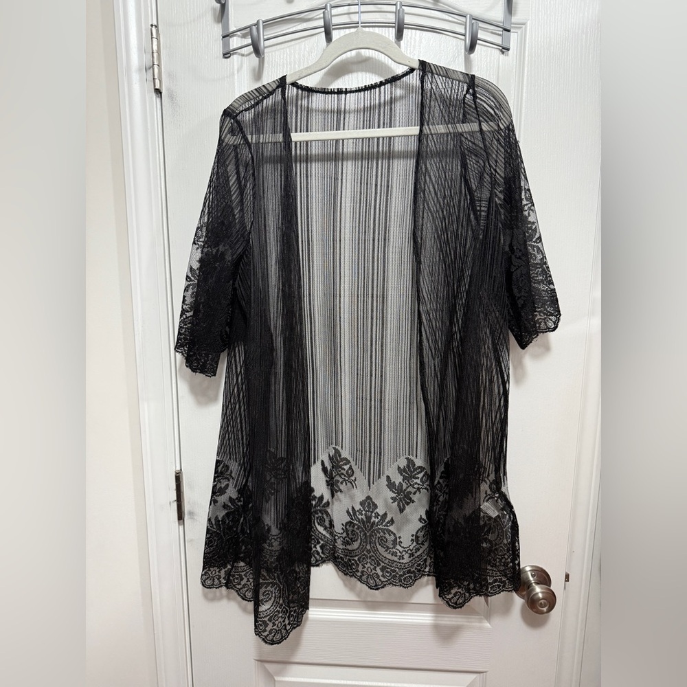 Emery Rose Black sheer jacquard kimono mesh open cover‎ up robe SZ L whimsy goth